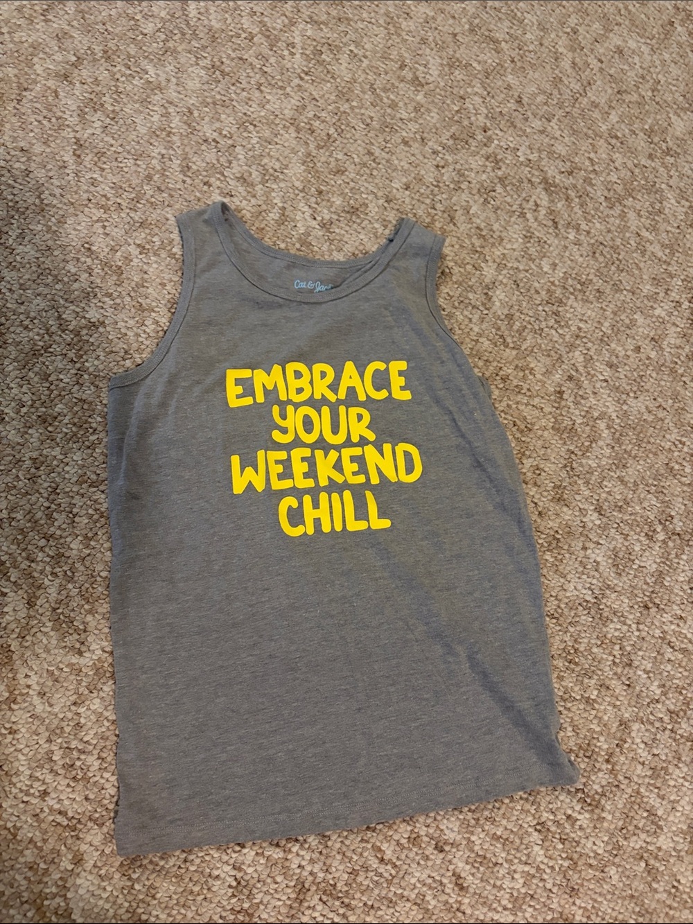 4/$12 Girls M Gray Tank Top with Yellow 'Embrace Your Weekend Chill'